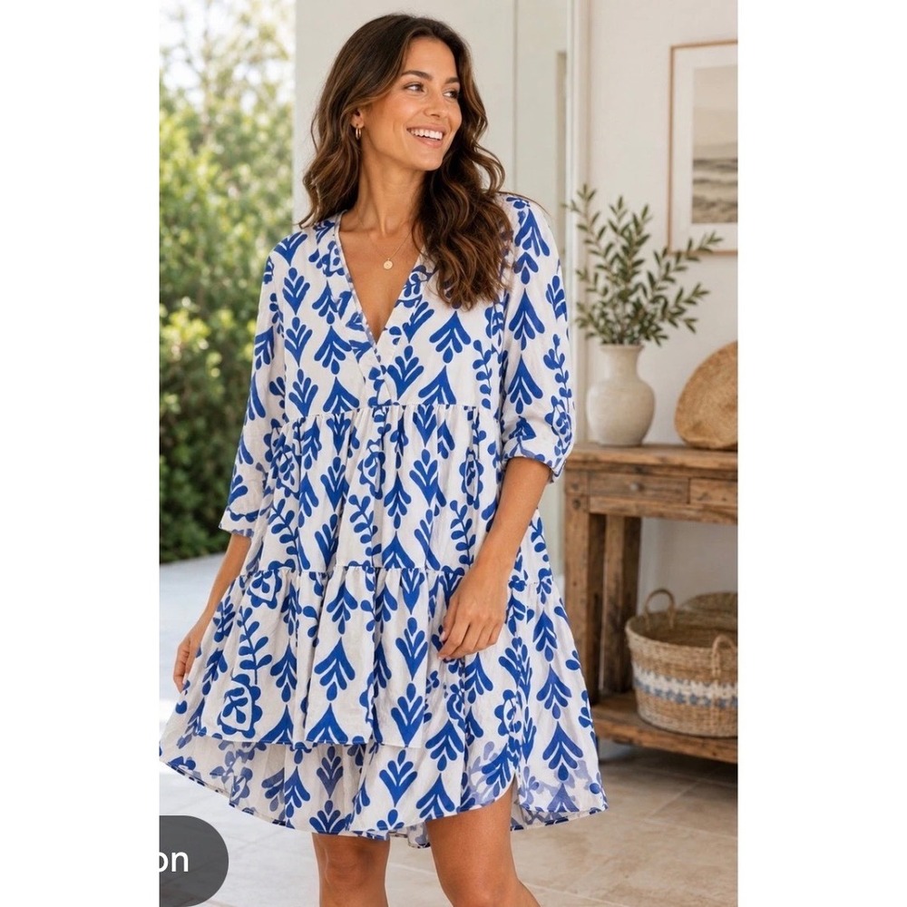 SundayUp Mini Dress Womens Medium Blue White Botanical Leaf Tiered Ruffle Boho